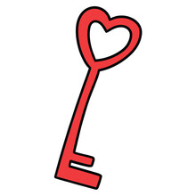 Hand drawn cartoon heart shaped red key on white background.