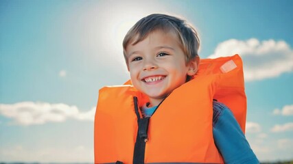 Poster - A young boy wearing a life jacket on a boat, suitable for use in images about water safety or childhood activities.