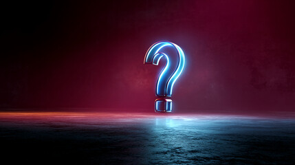 Poster - Neon blue question mark on dark background, reflecting on wet surface, symbolizes inquiry, mystery, uncertainty,  perfect for websites or presentations