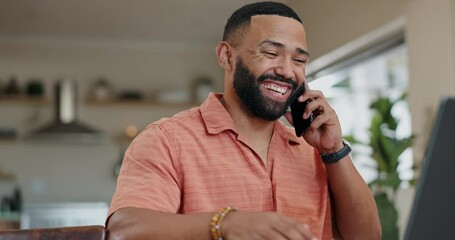 Poster - Laptop, phone call and smile with remote work man in living room of home for small business. Computer, desk and freelance research with happy young entrepreneur in apartment for communication