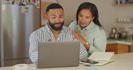 Poster - Laptop, remote work and couple hug in a kitchen with care, support or business advice while bonding at home. Freelance, support or woman embrace working man in house with conversation, help or guide
