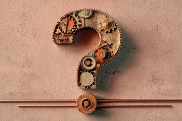 Poster - Rusty metal gears forming question mark on textured background, symbolizing inquiry, problem-solving, or mechanical innovation Free space below for text