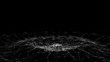 Fototapete - Futuristic circle wave. Dark cyberspace. Abstract music sound wave with dots. White moving particles on a black background. 3d rendering.