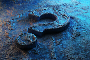 Poster - Stone texture background with 3D question mark, dark blue and bronze hues, symbolizing mystery, inquiry, and unknown answers, suitable for concepts of enigma or problem-solving