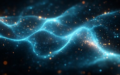 abstract blue energy wave with glowing particles.