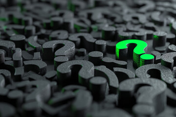 Poster - Green question mark among many dark grey ones, textured surface, symbolizes finding answers, problem-solving, or unique solution