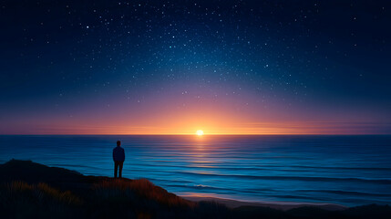 Wall Mural - Solitary figure silhouetted against a vibrant sunset over a tranquil ocean, under a starlit sky. Generative AI