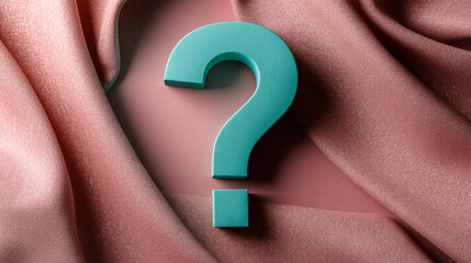 Poster - Teal question mark on dusty rose fabric backdrop, creating a stylish and intriguing visual, suggestive of inquiry, mystery, or decision-making