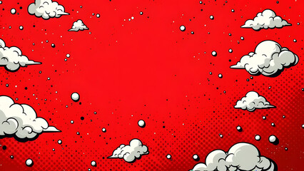 Poster - red pop art sky: a vibrant red background features stylized white clouds in a pop art style, reminis
