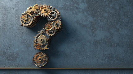 Poster - Metal gears forming a question mark on a textured blue background, showcasing a concept of inquiry, problem-solving, or mechanical complexity, with free space for text