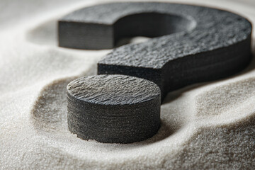 Poster - Dark gray question mark on light gray sand, creating a textured, enigmatic scene, showcasing uncertainty, doubt, or inquiry