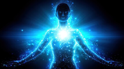 Poster - Floating figure glows with starlight and cosmic constellations in serene astral projection concept