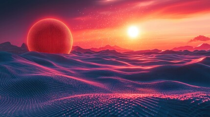 Wall Mural - Alien planet sunset with red orb and textured landscape