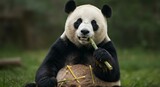 A cute giant panda sitting and eating bamboo, realistic fur detail, soft natural lighting, high resolution