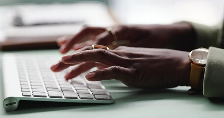 Poster - Business person, hands and typing on keyboard in office for email, spreadsheet and proposal or application for work. Woman, online and technology with task for drafting, digital notes and report