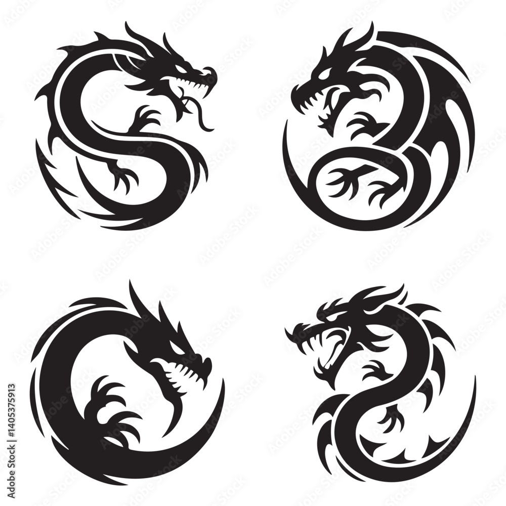 Vector Black silhouettes. illustration, set of round tribal dragon ...