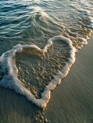 Fototapete - Ocean waves create a heartbeat line, symbolizing the connection of life and water at a serene beach during sunset