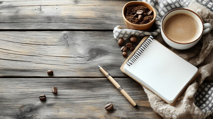 Flat table with notebook, pen, phone and coffee