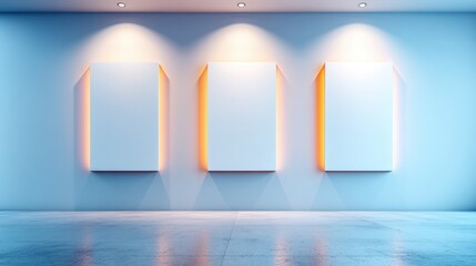 Poster - A minimalist art gallery featuring three illuminated, blank canvases on a smooth, reflective floor.