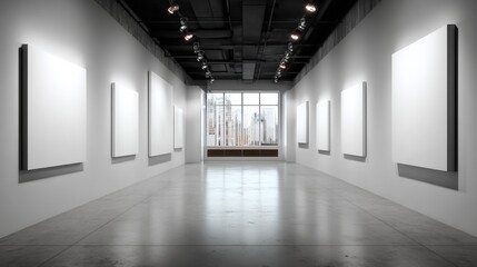 Poster - A modern art gallery featuring blank canvases against sleek, minimalist walls, illuminated by overhead lights and showcasing a city view through large windows.