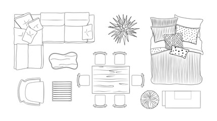 furniture outline top view set vector isolated.