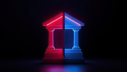 Poster - Neon Lit Geometric Architectural Structure in Red and Blue against a Dark Background