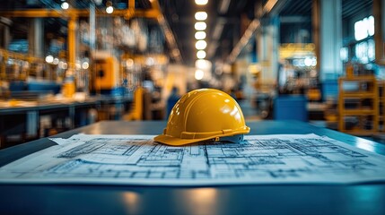 Industrial safety equipment and blueprints on a factory table.