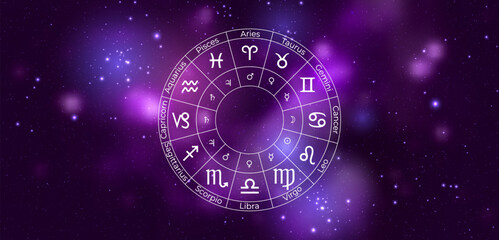 Wall Mural - circle with zodiac signs on colorful starry space background. vector illustration