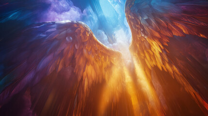 Wall Mural - Macro image of light beams breaking through angel wings in a glowing cathedral space.