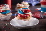 Independence Day Fourth of July USA American patriotic party with american symbols. Cupcakes dessert decorated cream cheese or buttercream.