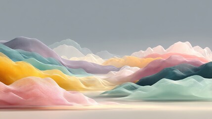 minimal tech landscape showing layered hills of soft-coded waveforms, conceptual pastel background