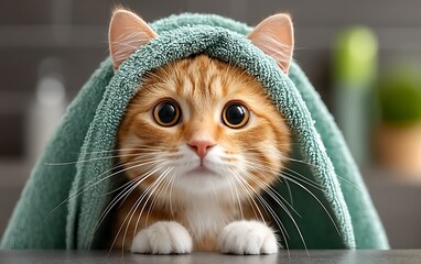 cat in towel, kitchen