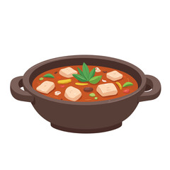Wall Mural - Cartoon tofu stew in a brown pot with basil garnish