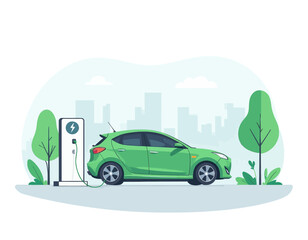 Wall Mural - Green Electric Car Charging at Station in Cityscape