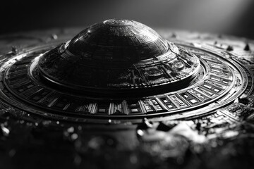 Poster - a close-up abstract image of a metallic dome with intricate and detailed designs, showing a futurist