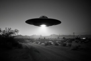 Poster - A mysterious black and white image featuring an unidentified flying object hovering over a deserted landscape, creating an eerie and surreal atmosphere in the sky.