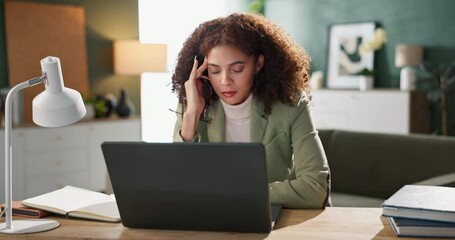 Fototapete - Woman, home and laptop on sofa with headache for social media or online research or networking. Lady, living room and internet or digital app for remote work, communication or stress for reading