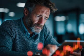 Poster - mature businessman deeply engrossed in tablet, analyzing complex financial data, wearing gray sweate