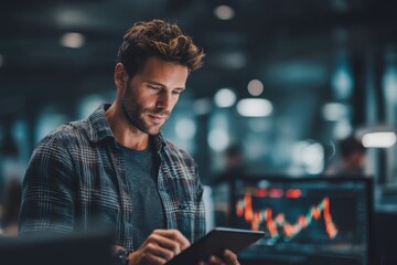 Poster - focused businessman analyzing stock market trends on a tablet in a modern office, wearing a casual s