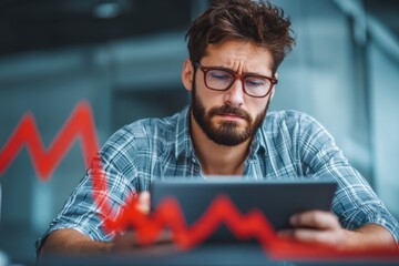 Poster - a worried businessman looks at a falling stock market trend on his tablet, with concerns about finan