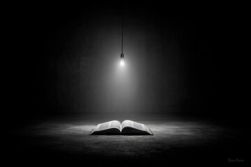Poster - An open book lies in the darkness illuminated by a single hanging light bulb, creating a stark contrast and highlighting the power of knowledge and literature.