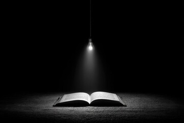 Poster - A solitary book illuminated by a single light bulb hanging in the darkness, creating a dramatic contrast and a sense of quiet contemplation and the pursuit of knowledge.