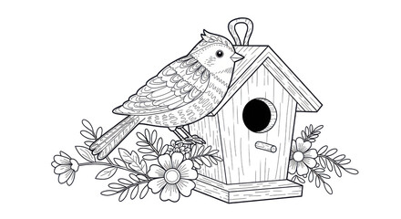 Poster - Bird perched atop a birdhouse adorned with floral accents in a black and white line drawing style