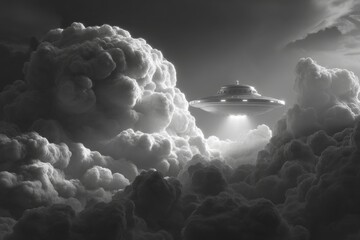 Aufkleber - A black and white image showcasing a classic UFO hovering amidst billowing clouds, evoking a sense of mystery and wonder in a surreal and otherworldly scene.