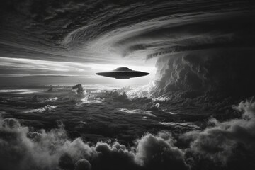 Aufkleber - Monochromatic scene of a UFO hovering ominously above a sea of clouds, with swirling storm formations casting dramatic shadows and an atmosphere of mystery and anticipation.