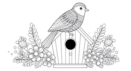 Poster - A detailed line drawing of a bird perched on a birdhouse surrounded by floral elements artfully done
