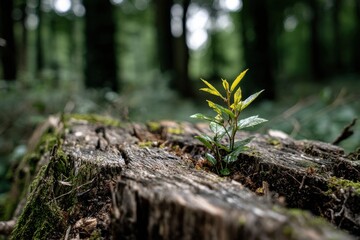 Poster - A small seedling is growing on a rotten stump, contrasting new life with old decay, symbolizing resilience and nature's enduring cycle in a serene forest scene.