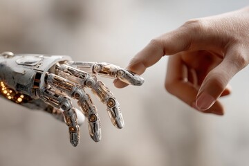 Poster - A human finger gently touching the finger of a sophisticated, detailed robot hand, illustrating the connection between humans and advanced technology, and future possibilities.