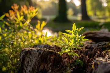Poster - New growth on a decaying tree stump, illuminated by the warm glow of morning sunlight, with a soft, blurred background of green trees and a pond, embodying nature's cycle.