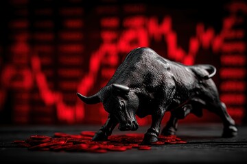 Poster - A powerful bull statue symbolizes the stock market's bullish trends against a dramatic red stock chart background and scattered red coins, conveying strength and market direction.